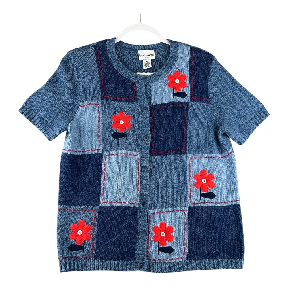 VTG Breckenridge Petite Sweater Patchwork Cardigan‎ Flower Retro Womens Medium
